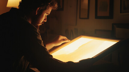 Animator working on frame-by-frame animation with a lightbox and paper