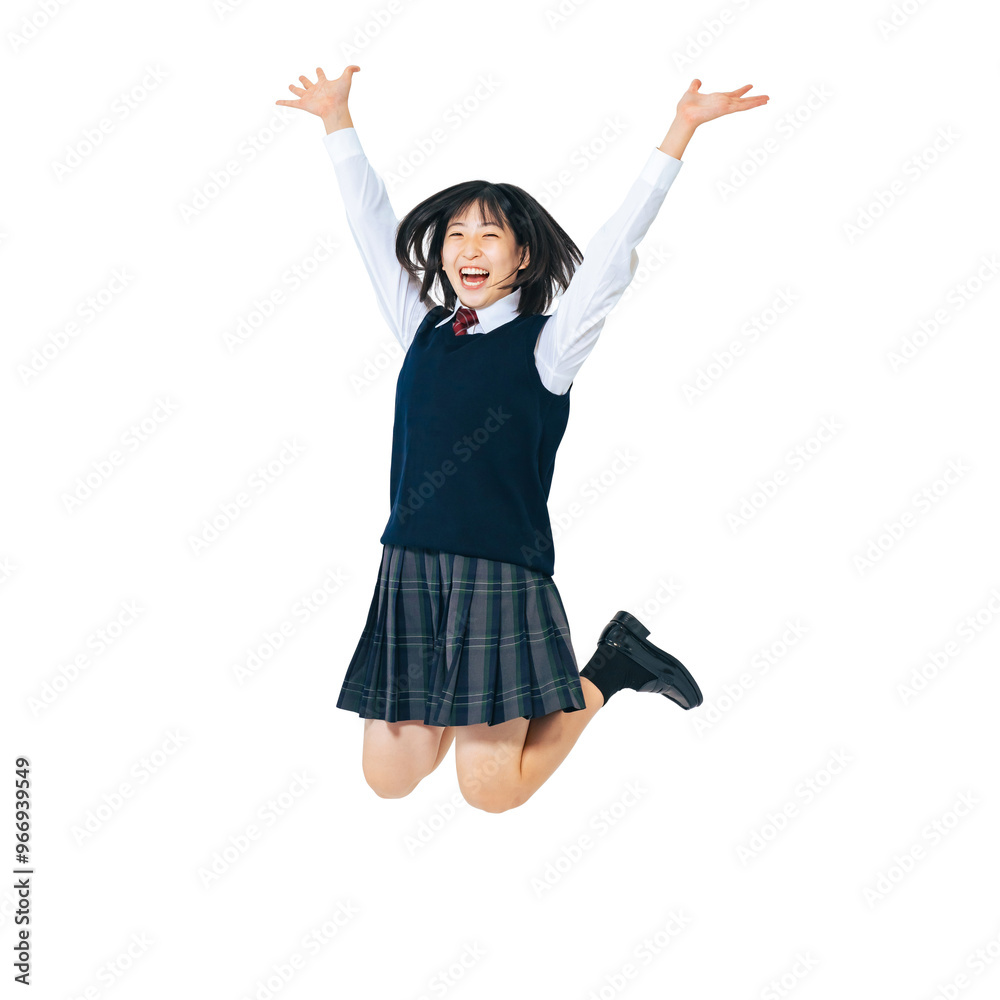 Aufkleber 制服を着て元気にジャンプする女子学生　手作業で精密に切り抜いた背景透過全身写真png