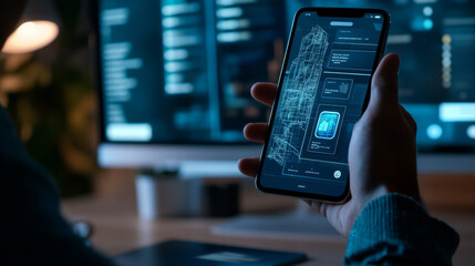 Designer working on a mobile app interface design with a wireframe on the screen