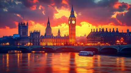 Fototapeta premium A stunning sunset view of the iconic Big Ben and Houses of Parliament over the River Thames.