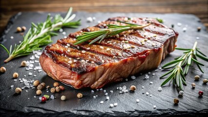 succulent grilled steak seasoned with rosemary and coarse salt on a slate board tilted angle