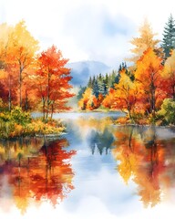 Obraz premium Vibrant Autumn Landscape with Serene Lake and Reflecting Trees