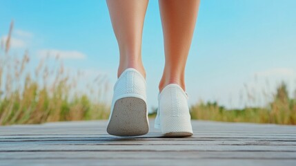 Close up of a woman s feet in comfortable stylish espadrilles walking on a wooden boardwalk against a blurred sunny beach background  Captures the essence of a relaxing