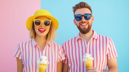 Obraz premium Cheerful and stylish couple in matching striped outfits enjoying ice cream together on a warm sunny summer day with a deep depth of field creating a background