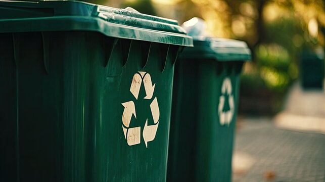 Close-up of a green recycling bin with clear symbols for sorting waste. Copy space for text.