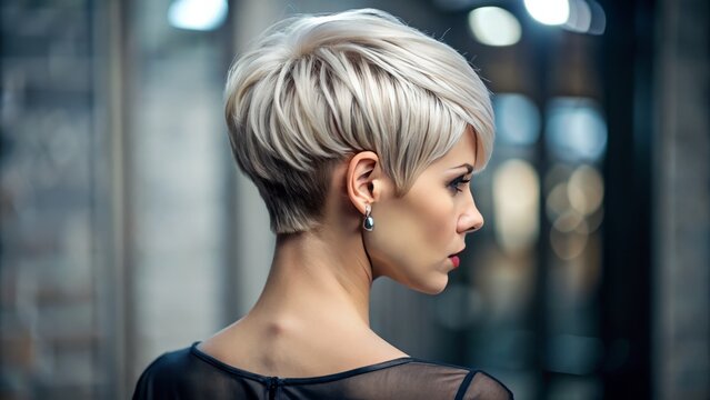 Stunning female model showcases versatility of short hairstyles, ranging from chic pixie cuts to sleek bobs, exuding