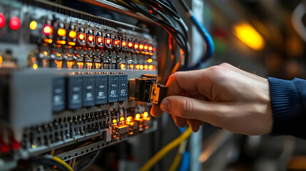 A technician connecting a device in a control panel with illuminated indicators.