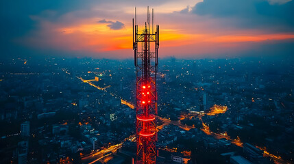 A telecommunications tower illuminated at sunset above a city skyline.