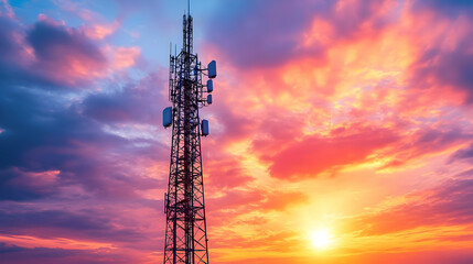 Obraz premium A telecommunications tower silhouetted against a vibrant sunset sky.