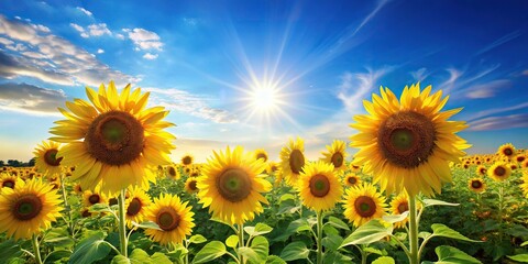 Fototapeta premium Sun kissed sunflowers in field against blue sky isolated on white background