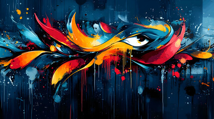 A vibrant abstract artwork featuring bold colors and an eye motif amidst dynamic brush strokes.