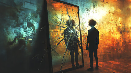 Silhouette of a man standing in front of broken glass,  representing fragility and vulnerability.