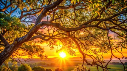 Sun shining through tree branches at sunset