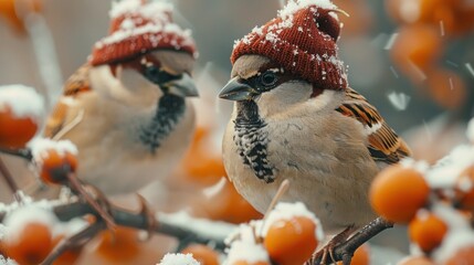 Festive Sparrows: Hilarious Birds in Winter Garden Wearing Red Caps and Perched on a Branch
