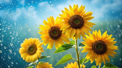 sunflowers with leaves on blue background with raindrops