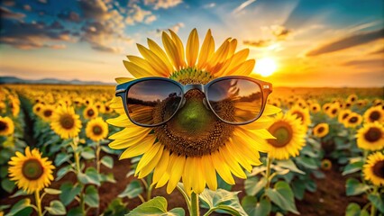 Sunglasses put on Sun Flower in Sun Flower Field on sunrise and blue sky background Extreme Close-Up