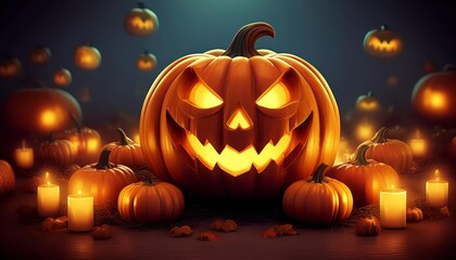 Jack-o'-lantern with candles and pumpkins