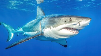 Naklejka premium Great White Shark Swimming Underwater with Open Mouth