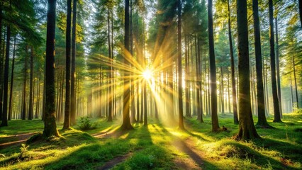 Obraz premium Sunlight filtering through tall trees in the forest creating a forced perspective effect