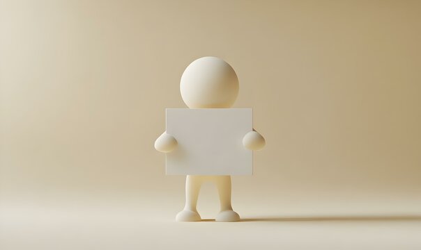 3D Model of Individual with Blank Sign, an animated figure grasping a white board, positioned at an angle, suitable for presentations and displays.