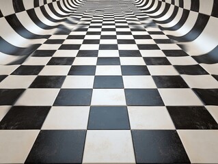 Naklejka premium Checkerboard Pattern Floor Tiles Black and White Abstract Perspective Design