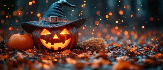 A Jack-o'-lantern with a Witch Hat Resting on Autumn Leaves