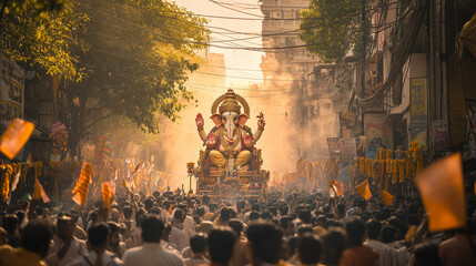 Ganesha Chaturthi, a grand procession on the streets with Ganesha idols on palanquins carried by dhoti clad men, spectators on both sides of the road, Ai generated images