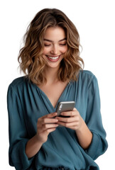 PNG A beautiful woman with shoulder-length wavy hair is smiling and looking at her phone photography background isolated.