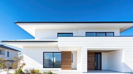 Fototapeta premium Modern White House Exterior with Blue Sky and Greenery