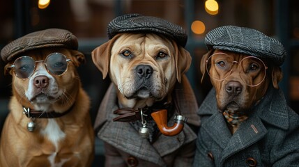 Obraz premium Dapper Dogs: Hipster Akita Inu, Greyhound, and Labrador Retriever in Stylish Glasses, Bow Ties, Hats, and Pince Nez with Tobacco Pipe