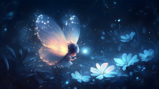 Charming chibi fairy with luminescent pastel wings, surrounded by a whimsical garden of vibrant flowers and sparkling magic.