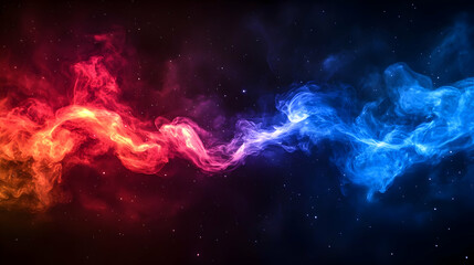 A vibrant cosmic scene featuring swirling red and blue nebula-like formations.