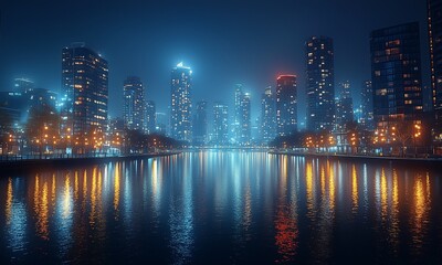 Naklejka premium City Skyline at Night with Glowing Lights and Soft Reflections, Deep Shadows Creating a Minimalist Urban Atmosphere, Modern Buildings in the Distance, Moody and Quiet Evening Setting