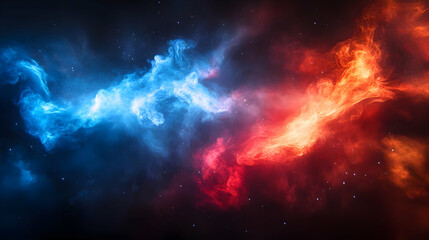 A vibrant cosmic scene with swirling blue and red nebulas against a dark backdrop.