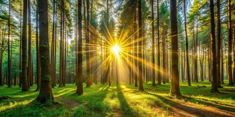 Sunlight streaming through trees in forest creating beautiful depth of field effect