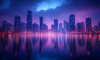 Fototapeta premium City Skyline at Night with Glowing Lights and Soft Reflections, Deep Shadows Creating a Minimalist Urban Atmosphere, Modern Buildings in the Distance, Moody and Quiet Evening Setting