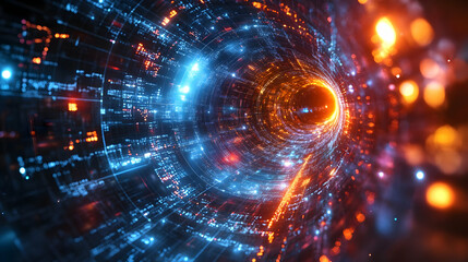 A vibrant digital tunnel visualizing data flow and energy.