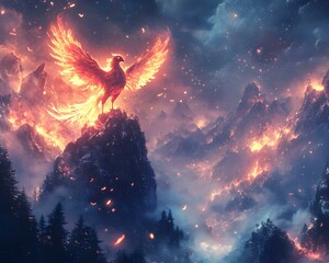 Fototapeta premium Glowing Phoenix on Mountain Peak, a majestic creature radiating fiery hues, overlooking vast landscapes from a high rocky summit.