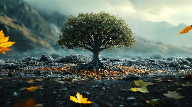 Resilient tree in a rocky landscape symbolizes hope and strength, reflecting success and growth in business and investment