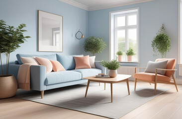 Fototapeta premium airy and spacious living room interior, natural light through windows, fresh houseplants, elegant and modern space
