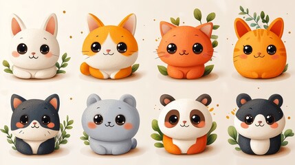Fototapeta premium Cute Cartoon Animals Set Bunny Cat Panda Illustration Digital Art Children s Kawaii