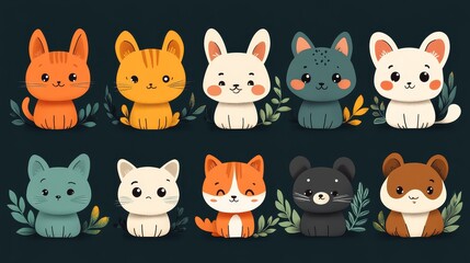Fototapeta premium Cute Cartoon Animals Illustration Set Cats Dogs and Rabbits