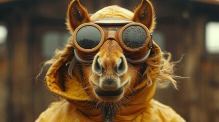 Colorful Horse Portrait with Funny Goggles and Green Sunglasses, Sporting a Playful Smile on a Fun Animal Background