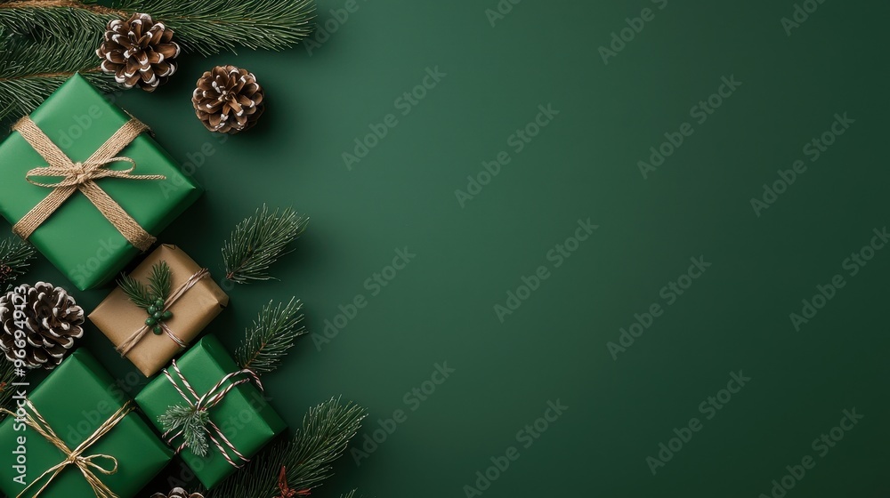 Poster christmas presents on green background with pine branches and pine cones