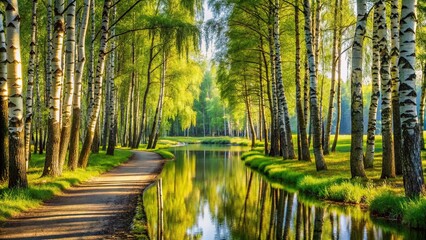 Obraz premium Sunny birch grove pathway reflecting in summer July