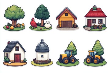 Obraz premium Cartoon Farm Icons Set Houses Tractor Animals Trees Isolated Illustrations
