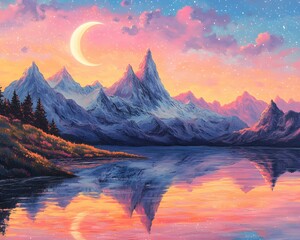 Futuristic Pastel Mountains, a vibrant landscape of softly glowing peaks, illuminated by neon hues under a starlit sky.