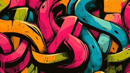 A vibrant graffiti artwork featuring intertwined colorful letters and shapes.