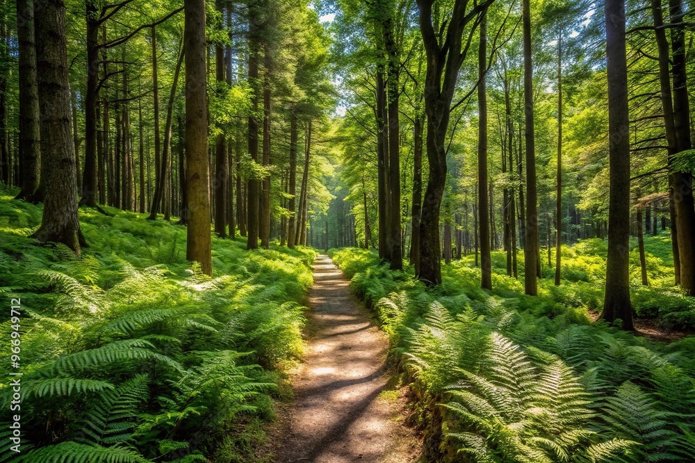 Wall mural sunny green ferns casting shadows on the forest floor in the appalachian trail in pennsylvania