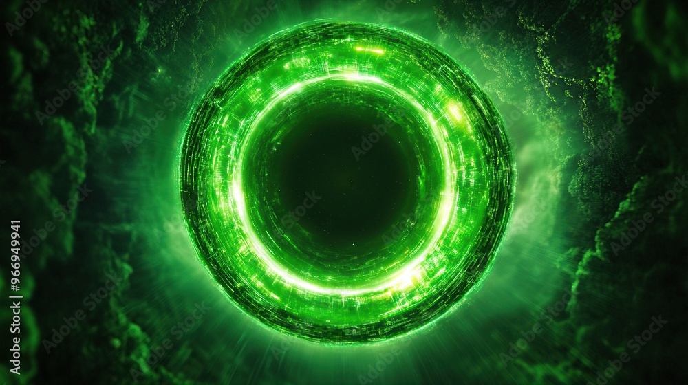 Canvas Prints a mesmerizing green circular portal visual with glowing effects and mystical vibes, ideal for fantas